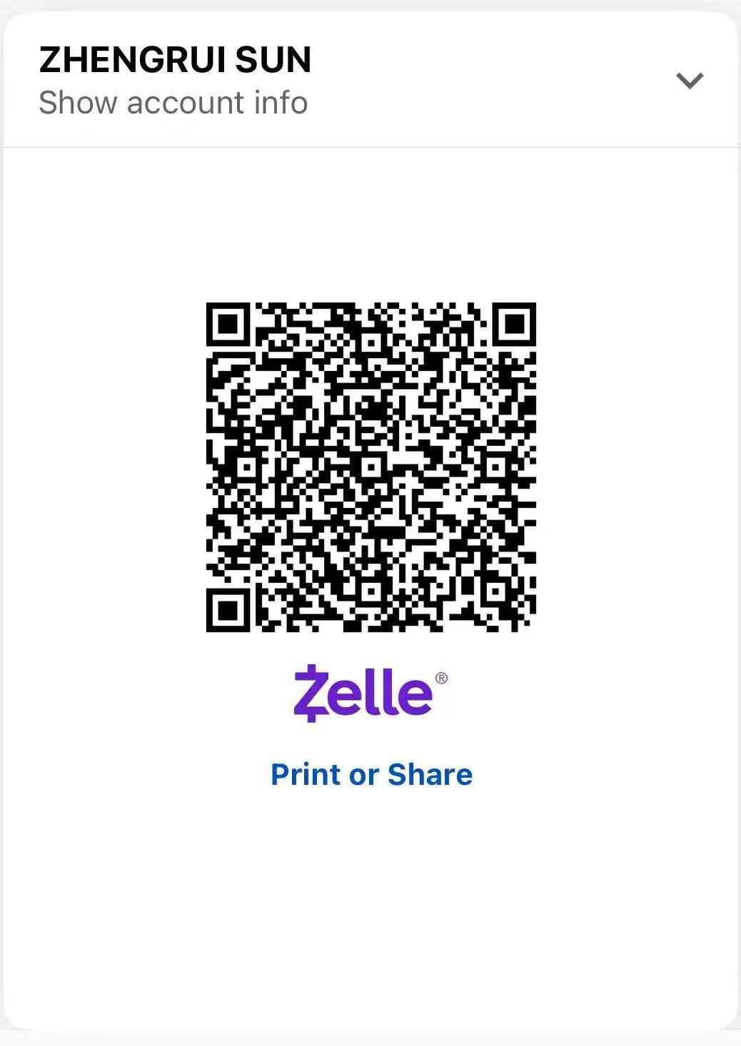 Zelle payment QR code for Zhengrui Sun